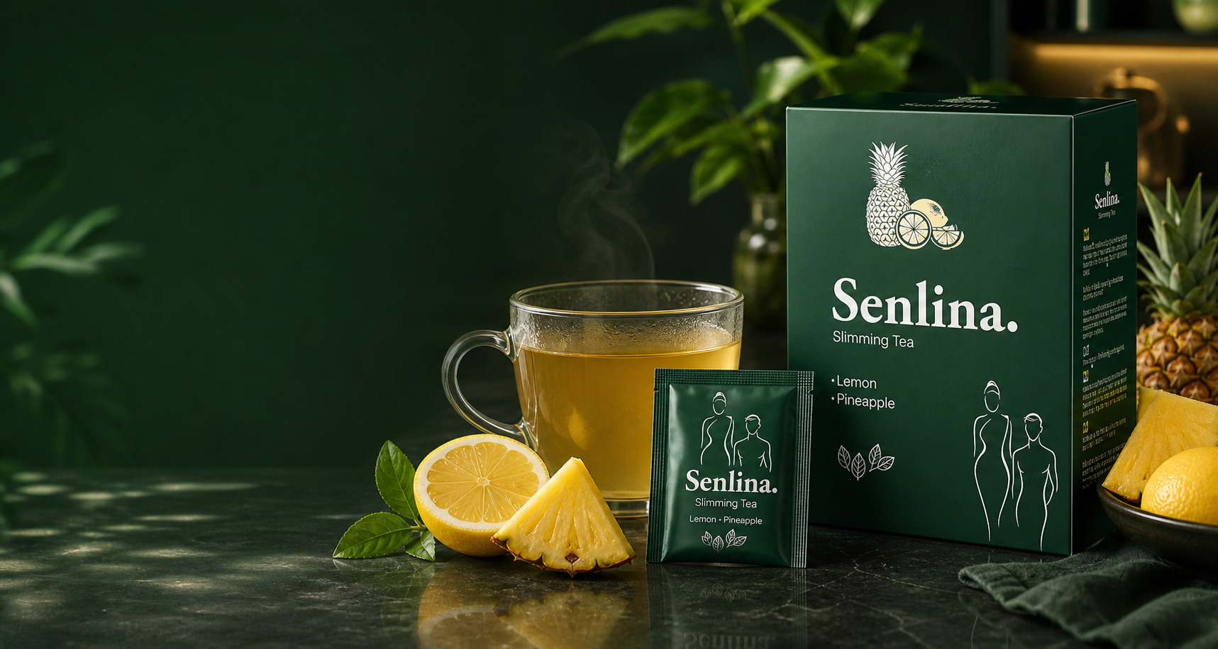 Senlina Slimming Tea ürün kutusu ve bitki çayı